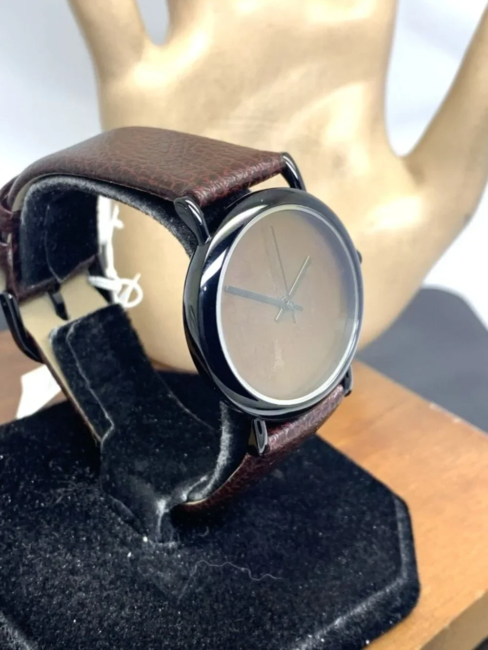 Disney Time Works Disneyland Unisex Watch Black Quartz Brown Leather Strap 34mm